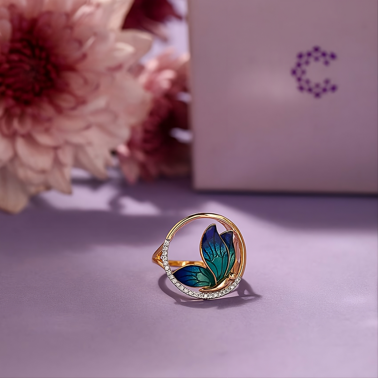Handmade Blue Epoxy Butterfly Gold Enamel Ring