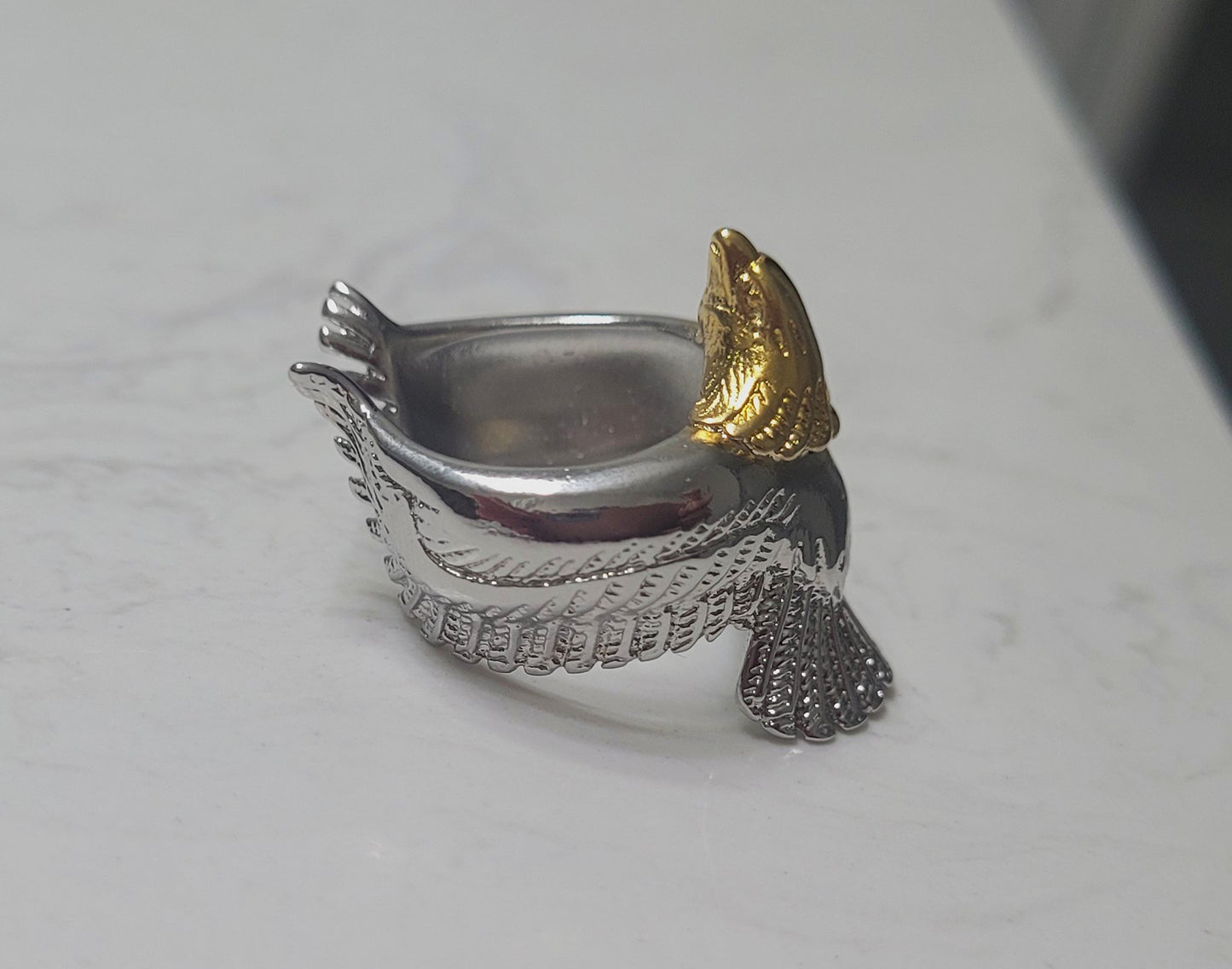 Men's Carved Flying Eagle Wings Open Sterling Silver Plated Two-Tone Ring