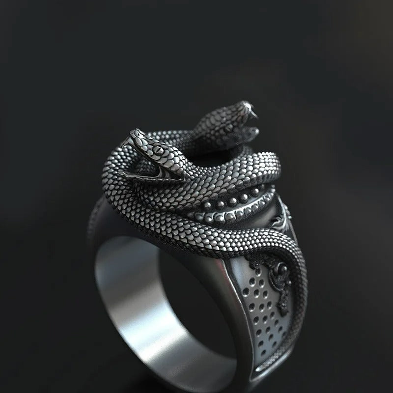 Men's Domineering Double Snake Head Silver Gothic Ring