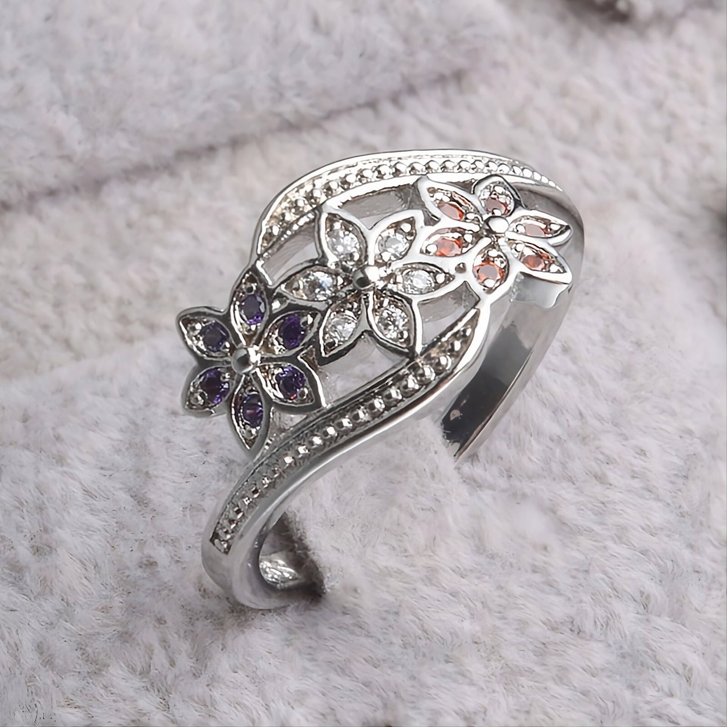 925 Sterling Silver Multi-Colored Topaz Flower Ring