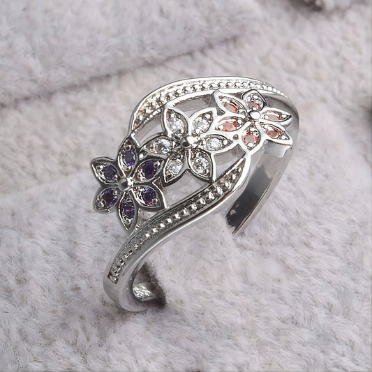 925 Sterling Silver Multi-Colored Topaz Flower Ring