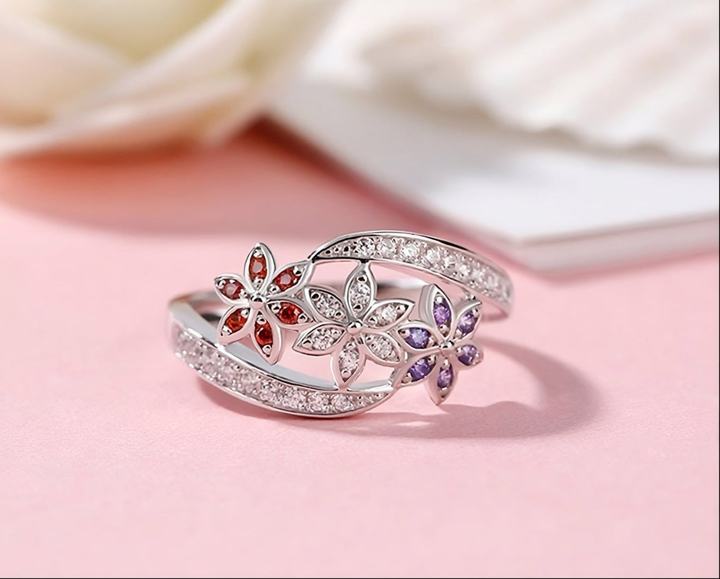 925 Sterling Silver Multi-Colored Topaz Flower Ring
