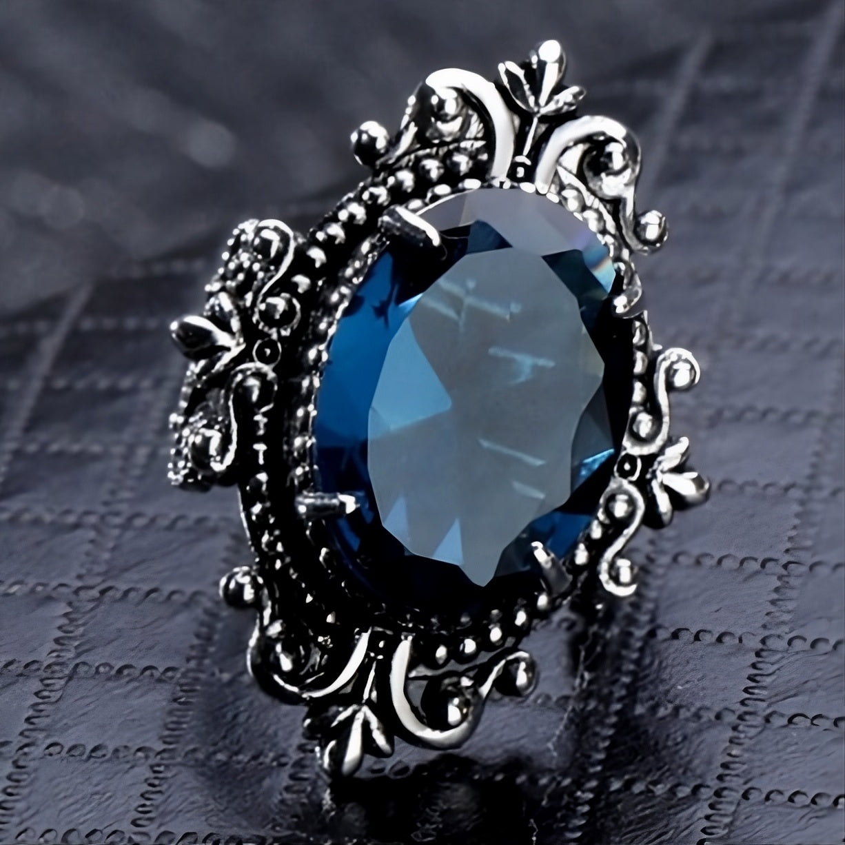 Vintage Blue Oval Egg Shaped Topaz Antique Silver Ring