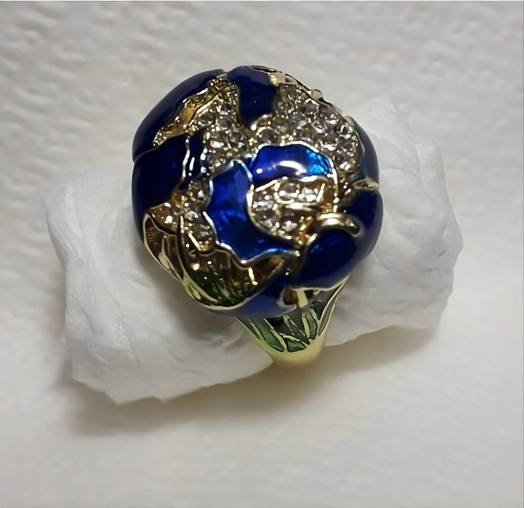Chinese Style Hand-Painted Lotus Grass Retro Ring