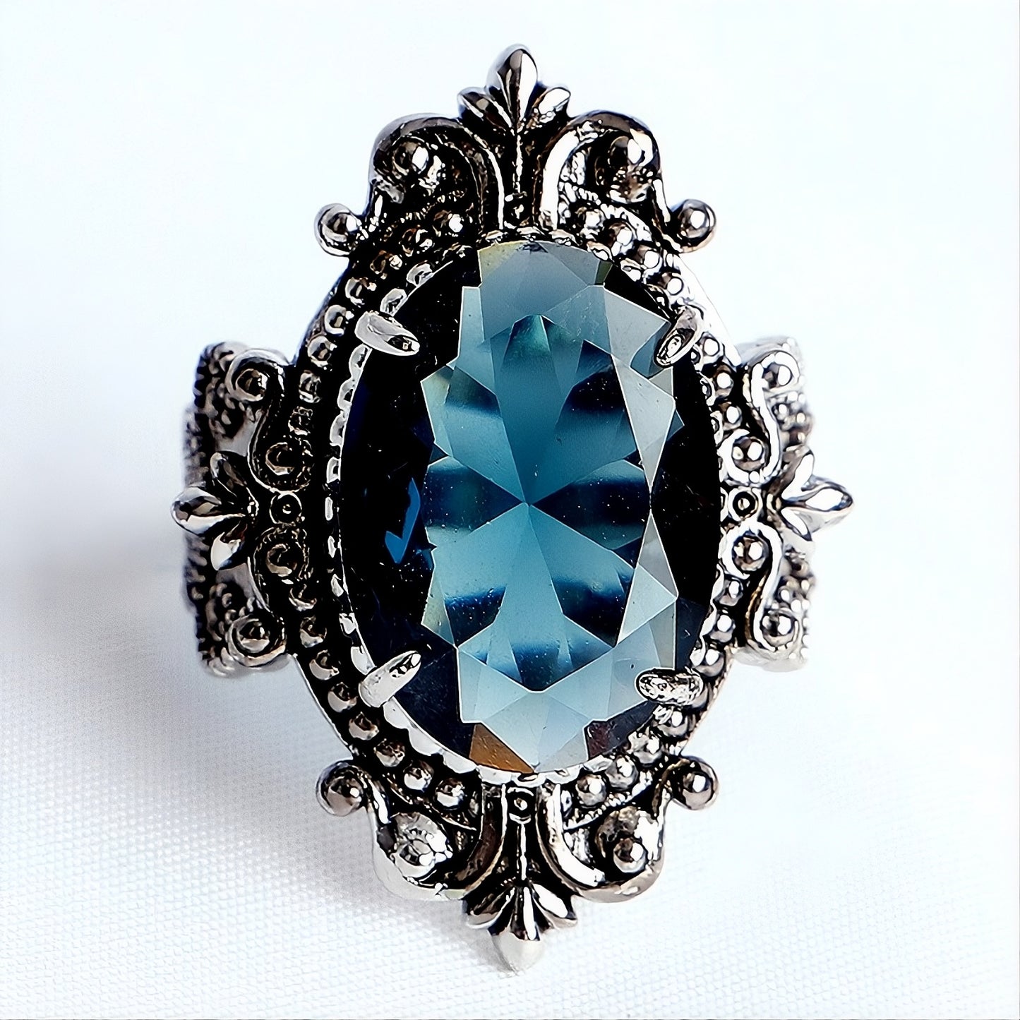 Vintage Blue Oval Egg Shaped Topaz Antique Silver Ring