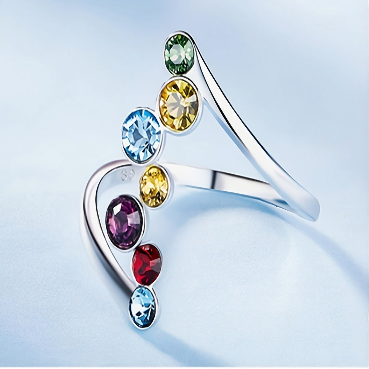 Sterling Silver Multicolor Round Gemstones Colorful Ring