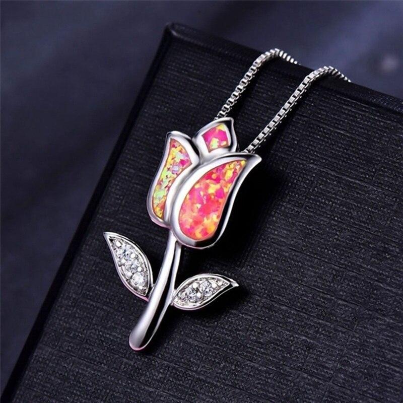 Pink Opal Rose Flower Floral Silver Necklace
