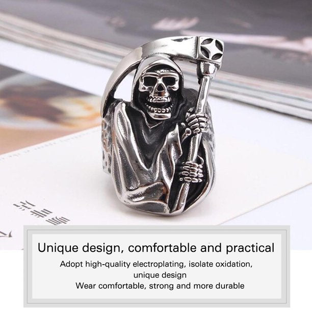 Gothic Punk Grim Reaper Skull Silver Ring