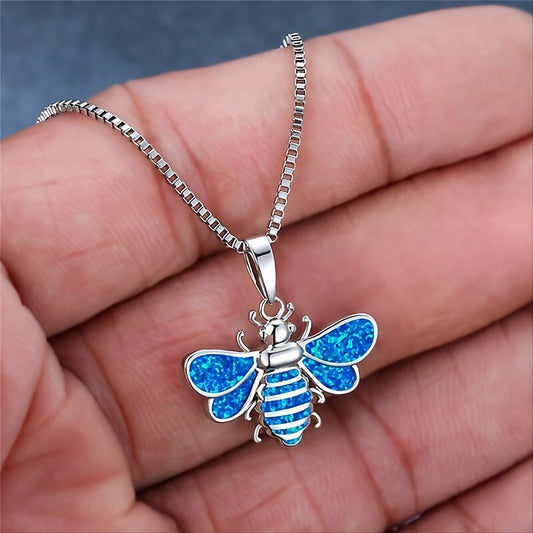 Blue Opal Bee Insect Silver Boho Necklace