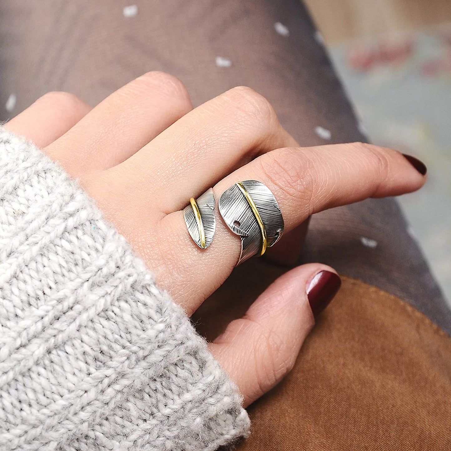 Vintage Carved Feather Open Antique Silver Boho Ring