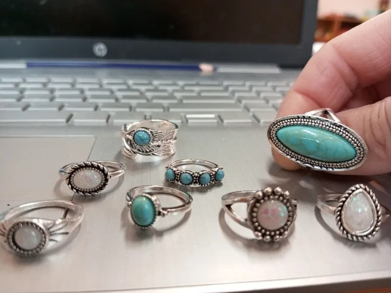 8pcs Vintage Blue Turquoise Antique Silver Ring Set