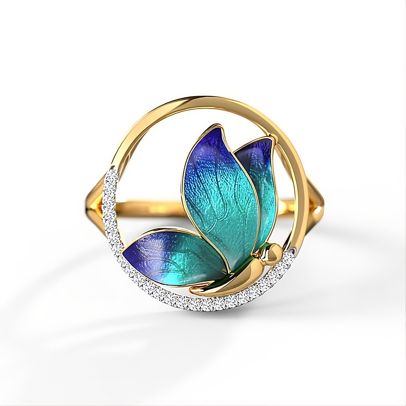 Handmade Blue Epoxy Butterfly Gold Enamel Ring