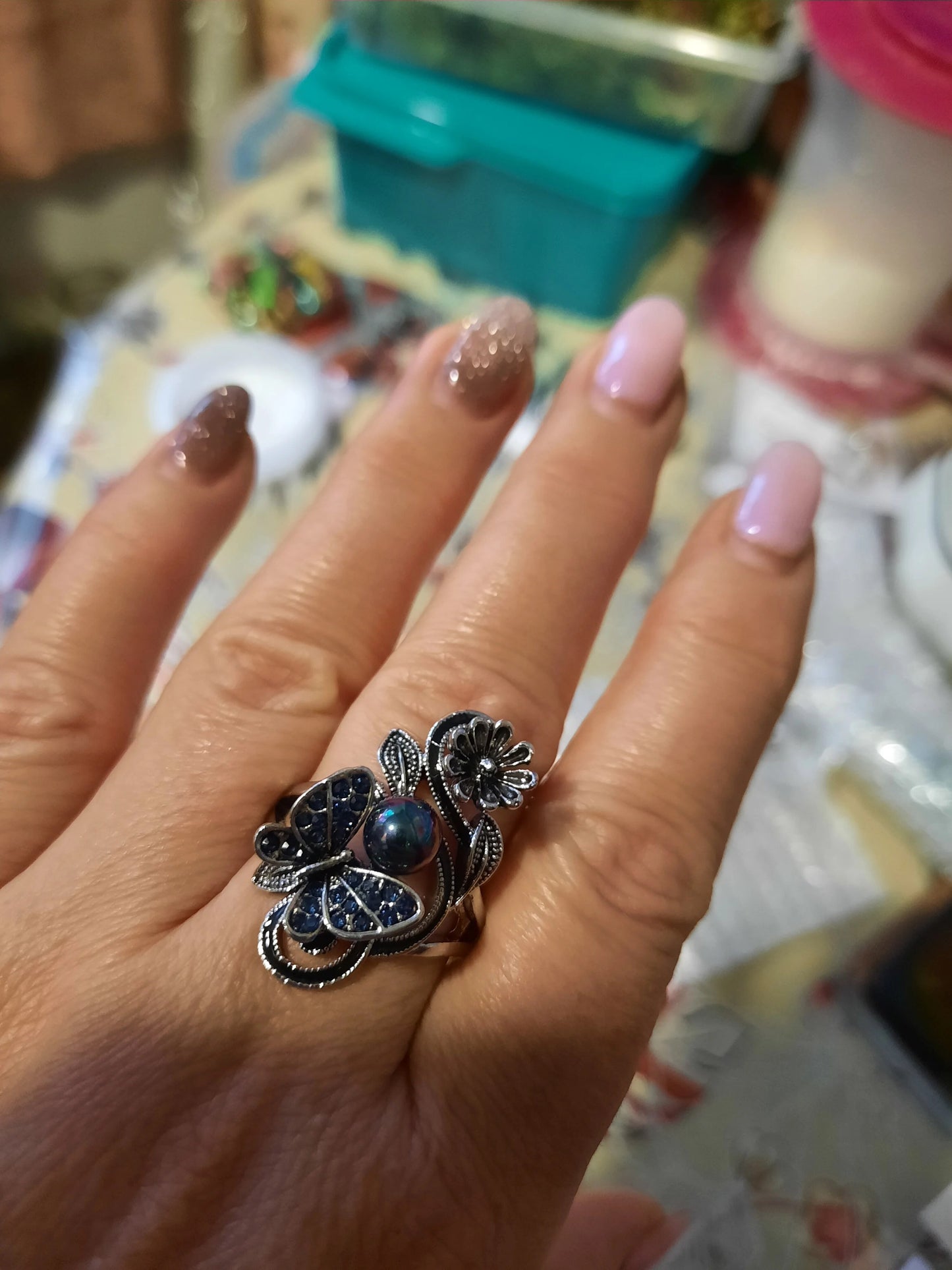 Vintage Navy Blue Pearl Butterfly Silver Flower Ring