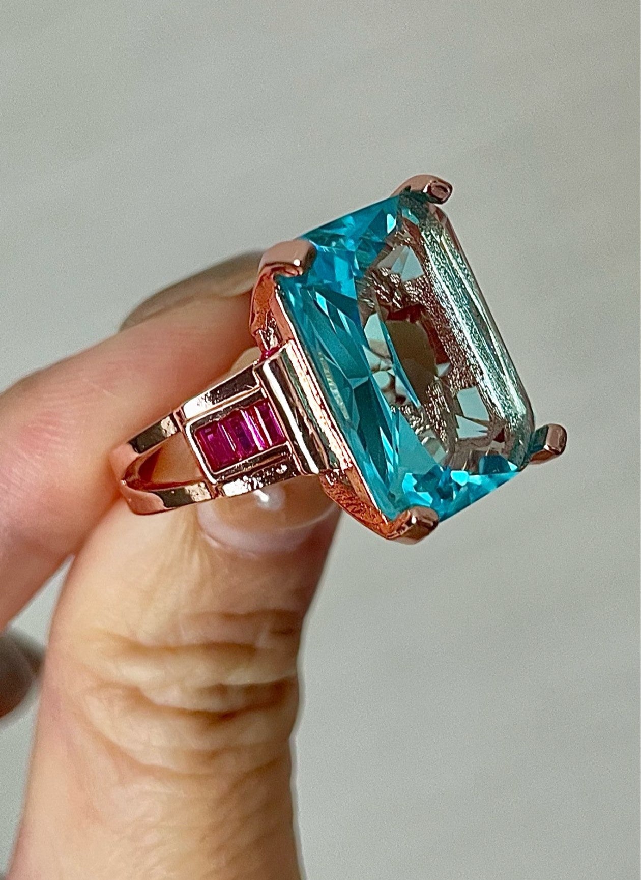 Huge Sterling Silver Sea Blue Rhinestone Emerald Cut Ring