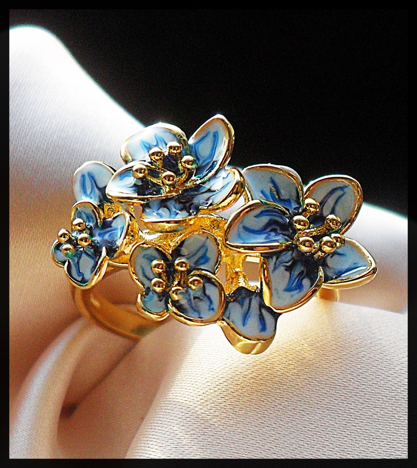 925 Sterling Silver Filled Blue Enamel Lotus Flower Gold Tone Ring