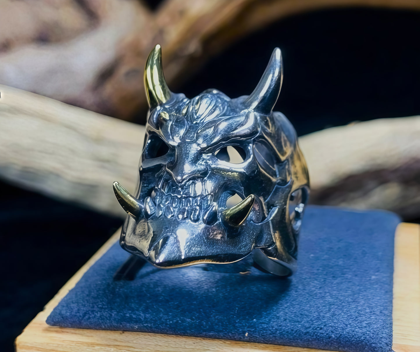 Gothic Demon Skull Ring for Men — Yokai Punk Biker Open Silver Ring