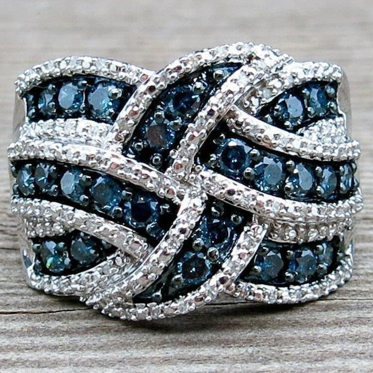 2.5Ct Electroplate Blue Sapphire Braided Wide Band Silver Ring