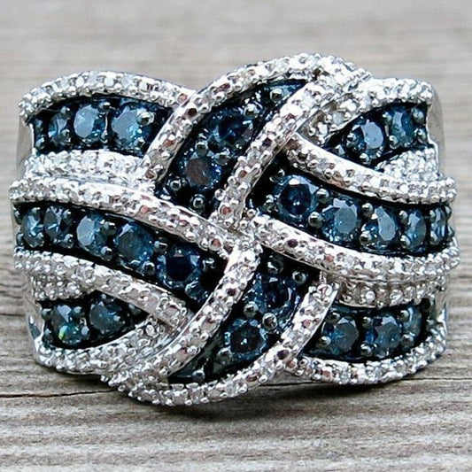 2.5Ct Electroplate Blue Sapphire Braided Wide Band Silver Ring