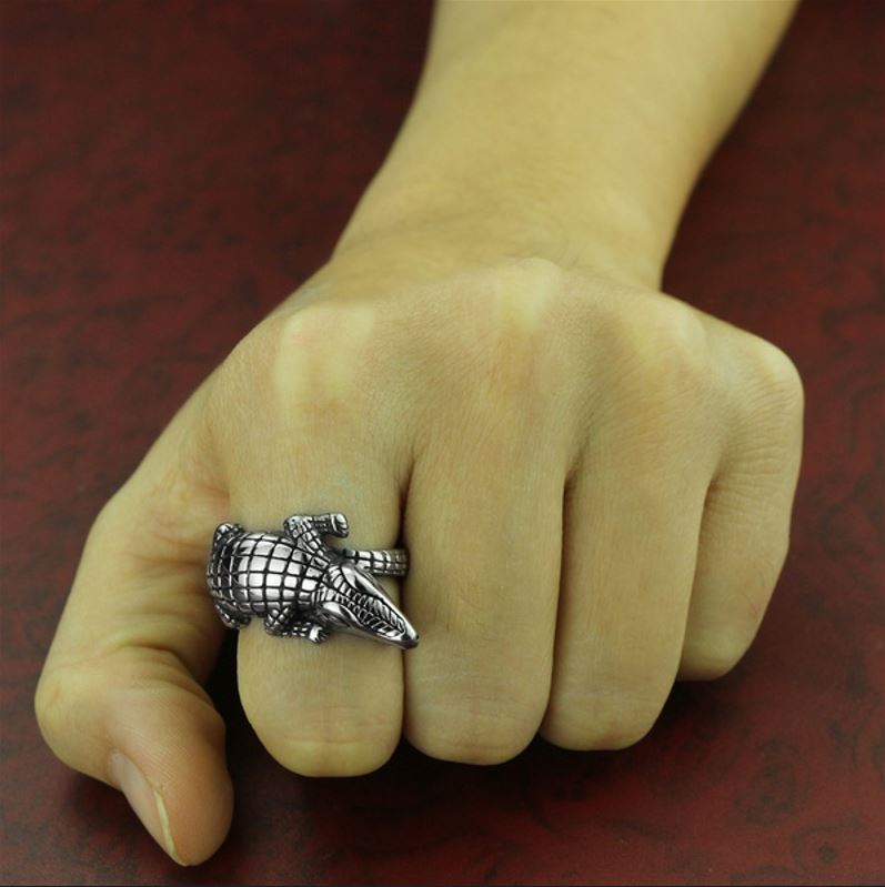 Retro Crocodile Alligator Silver Animal Biker Ring