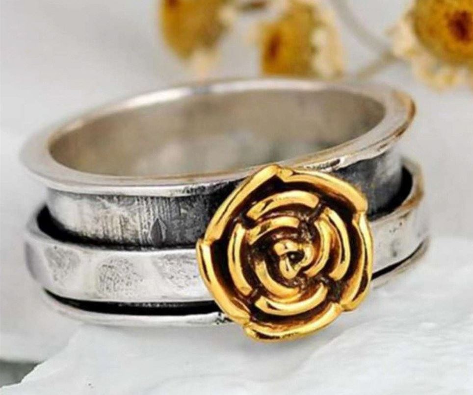 Vintage Gold Rose Flower Antique Silver Cocktail Ring