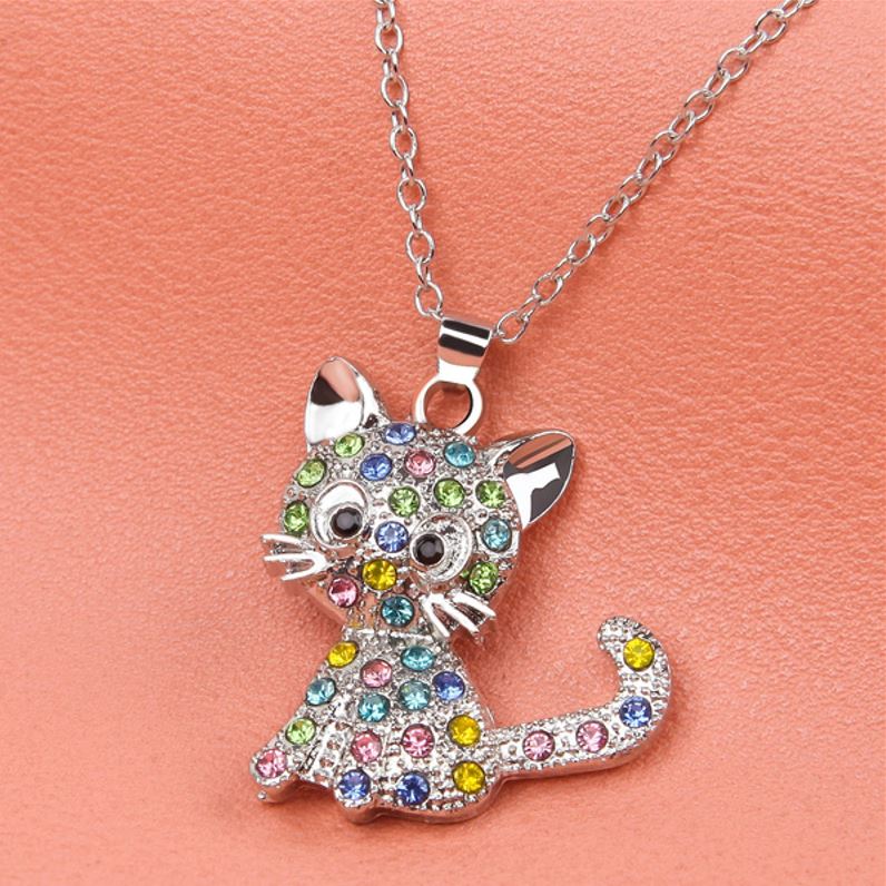 Cute Girls Cat Kitten Colorful Silver Necklace