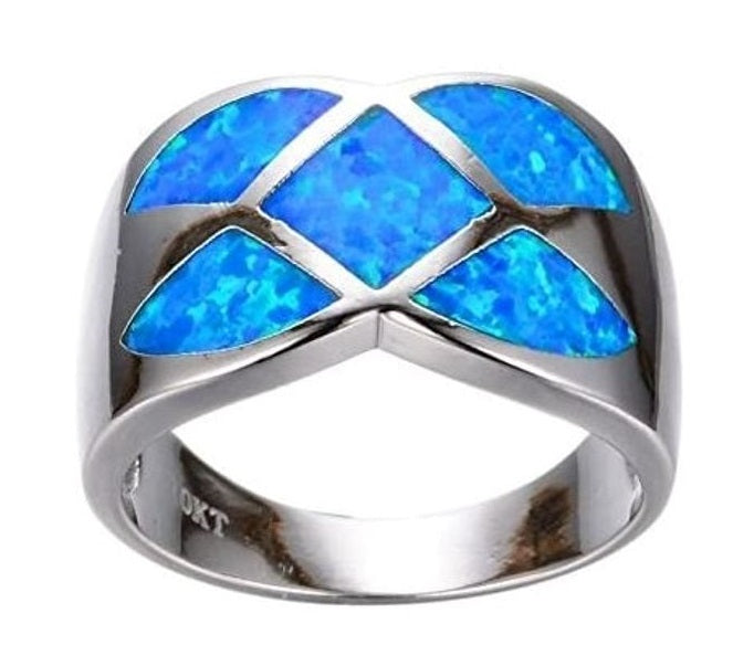 Wide Blue Fire Opal Geometric Silver Ring