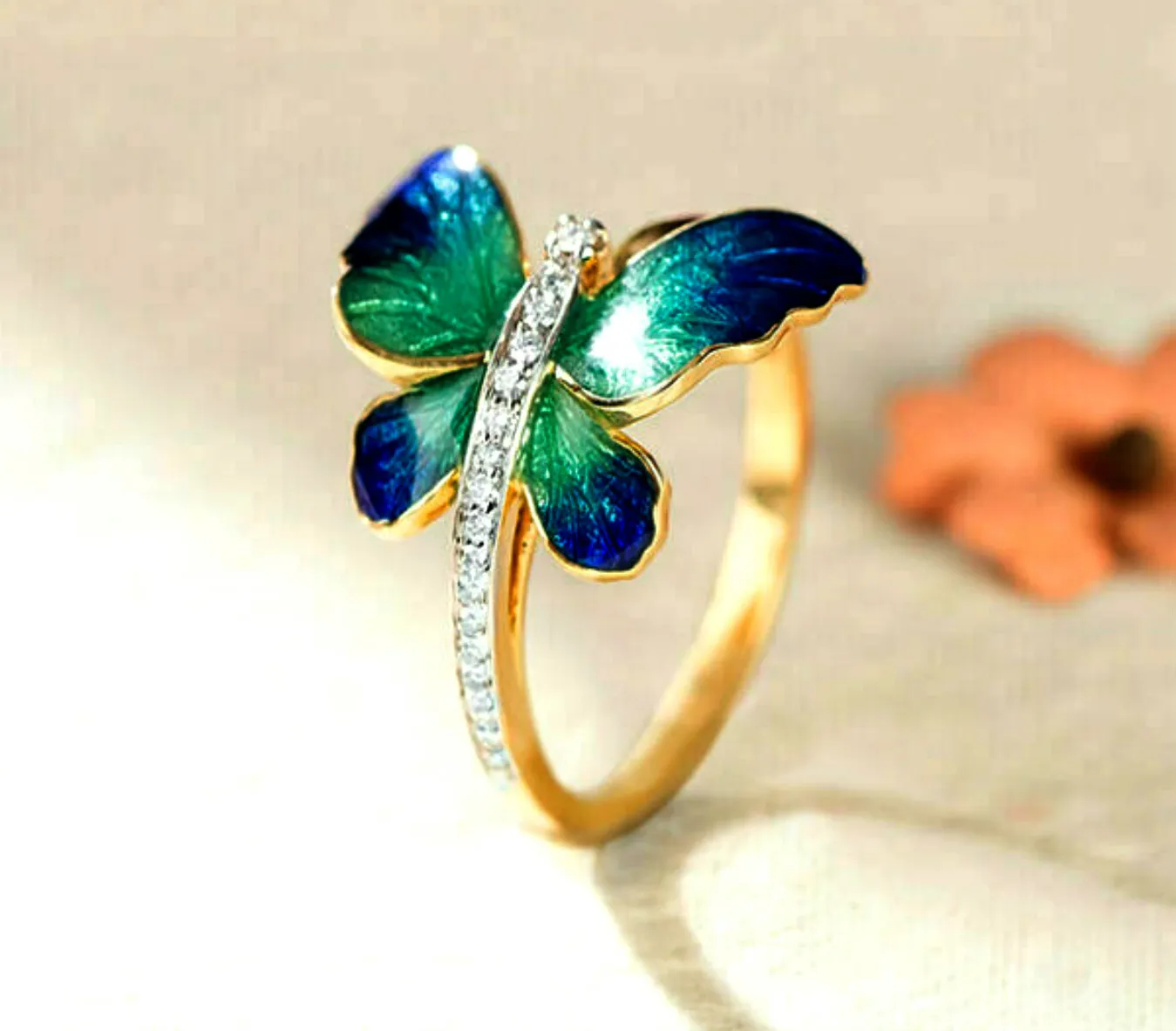 Blue Butterfly Enamel Gold Ring