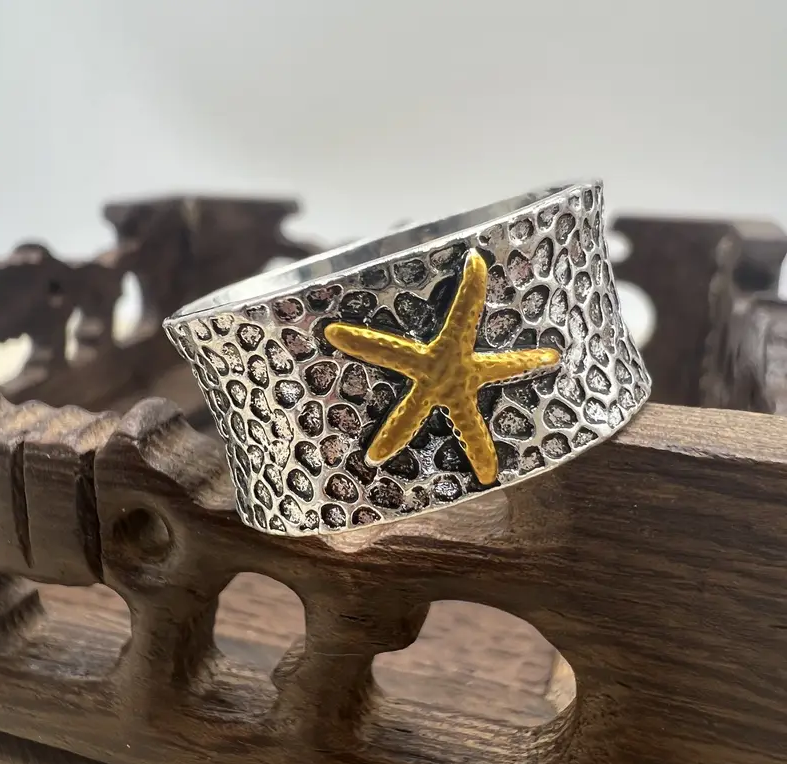 Wide 925 Sterling Silver Starfish Tidepool Ring