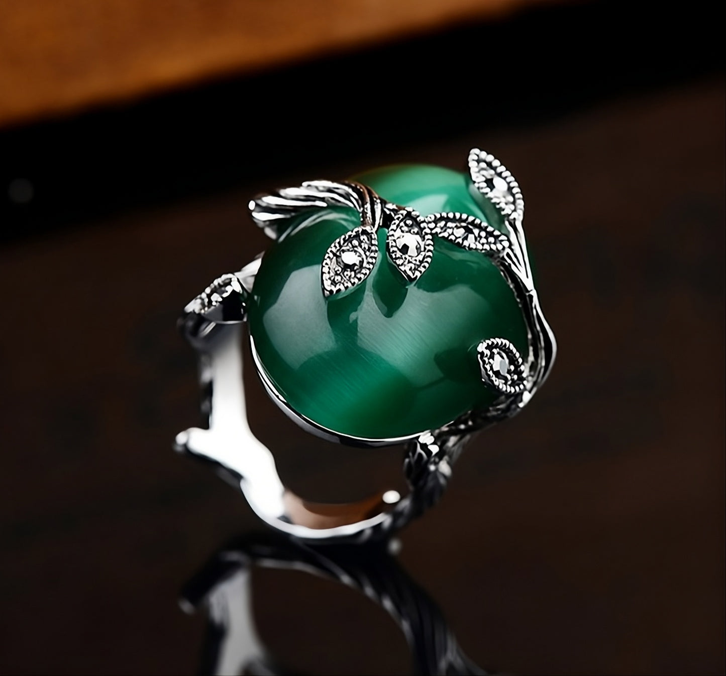 Vintage Handmade Austrian Green Blackened Silver Leaf Ring