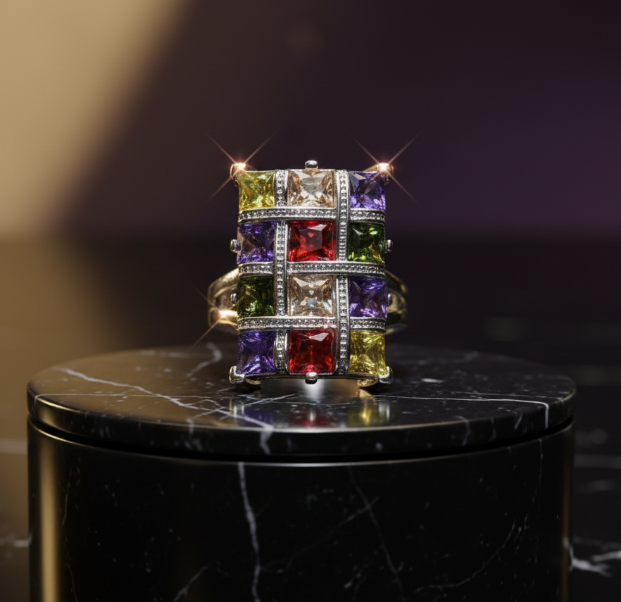 Colorful Multicolor Garnet Topaz Silver Geometric Ring