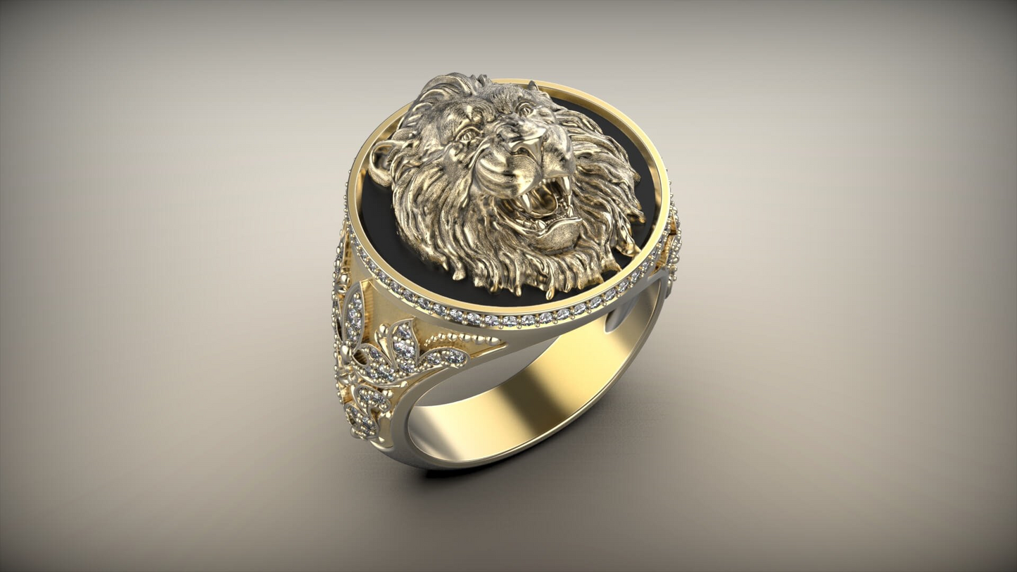 925 Sterling Silver Anillo Lion Head Gold Plated Men's Ring
