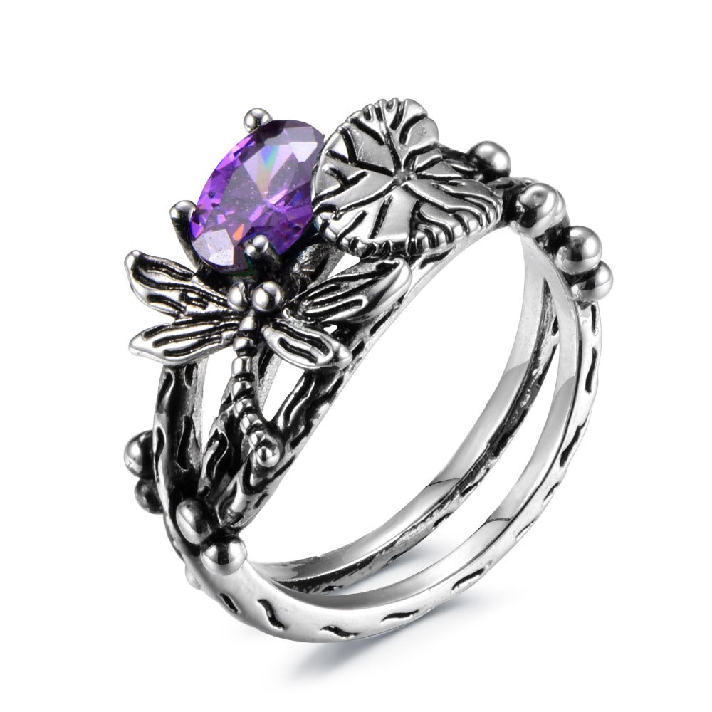 Retro Vintage Leaf Dragonfly Purple Crystal Silver Ring