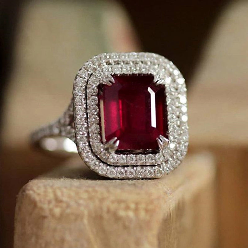Emerald Cut Ruby Red Silver Halo Ring