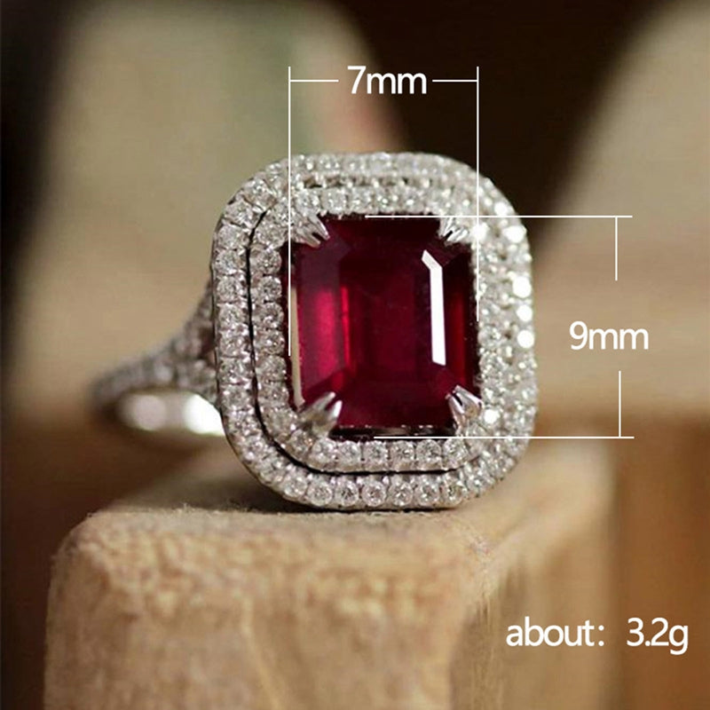 Emerald Cut Ruby Red Silver Halo Ring