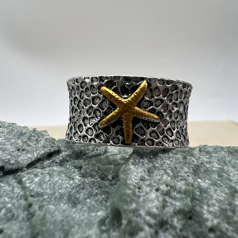 Wide 925 Sterling Silver Starfish Tidepool Ring