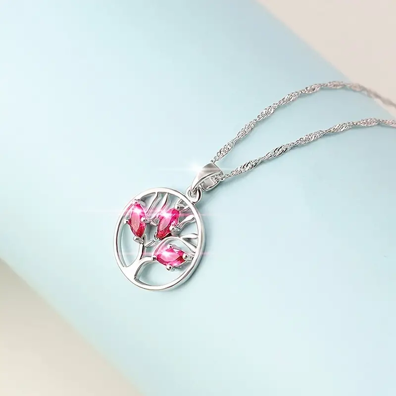 Sterling Silver Pink Marquise Tree of Life Necklace