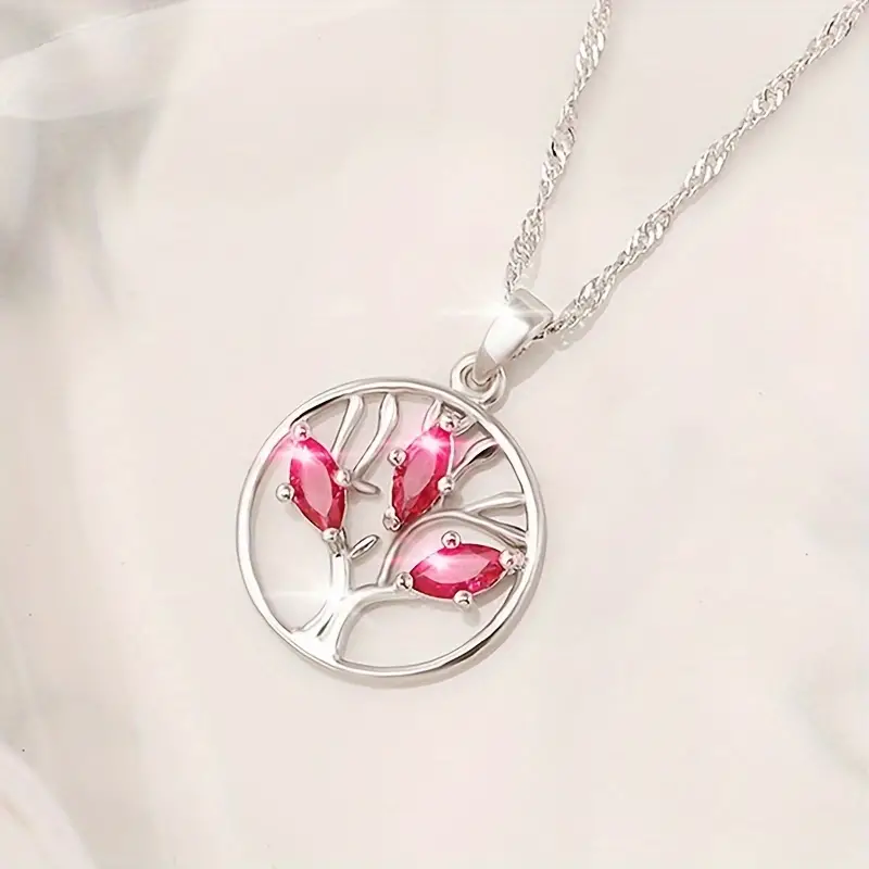 Sterling Silver Pink Marquise Tree of Life Necklace