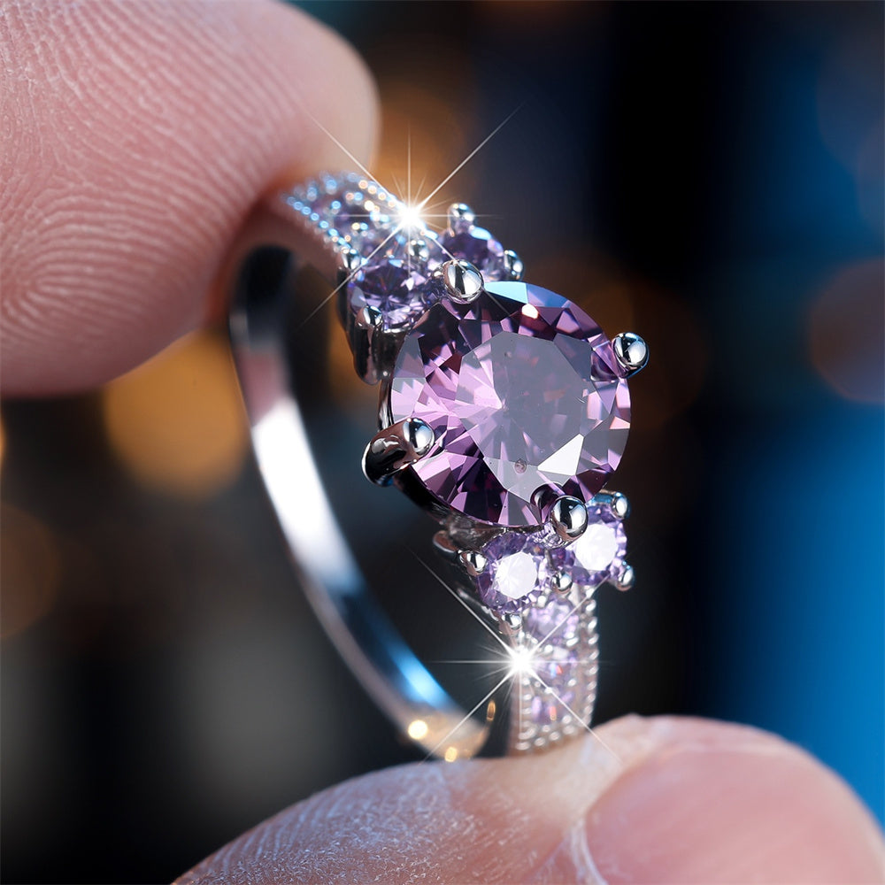 925 Sterling Silver Purple Faux Amethyst Micro Inlaid Ring