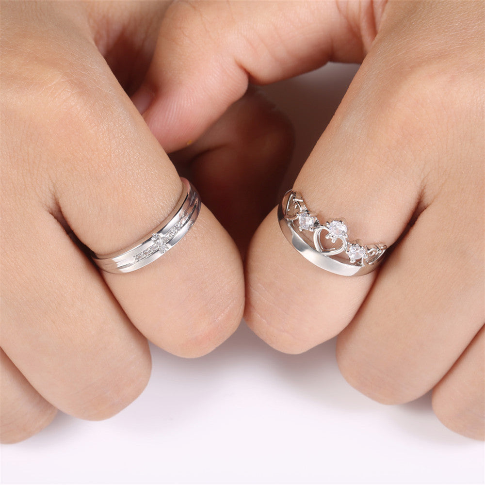 2pcs Sterling Silver Matching Crown Cross Couple Rings
