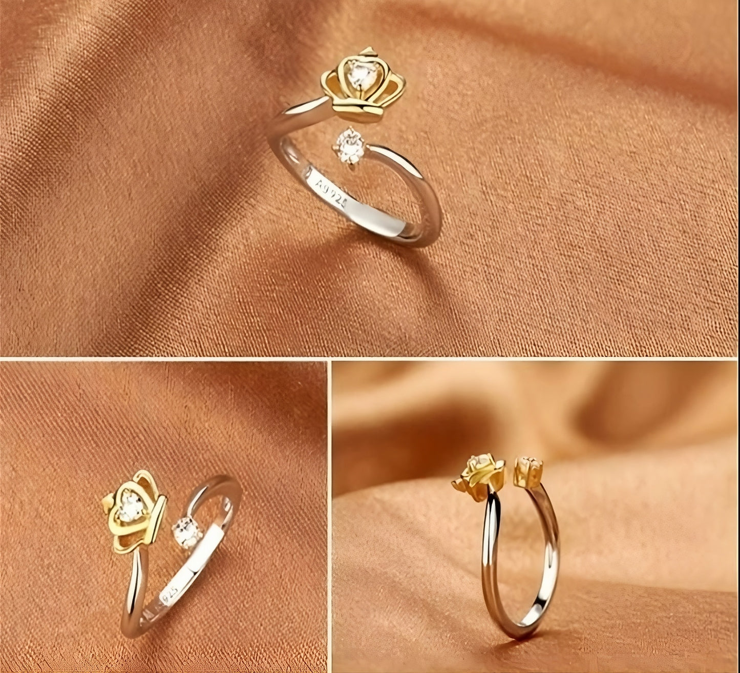 925 Sterling Silver Gold Queen Crown Open Ring