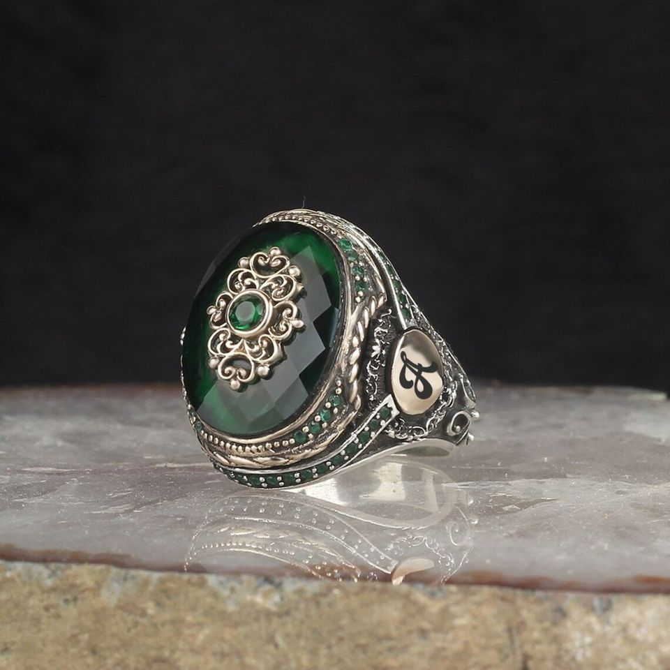 Men's Turkish Emerald Green Personalized A Vintage Silver Ring