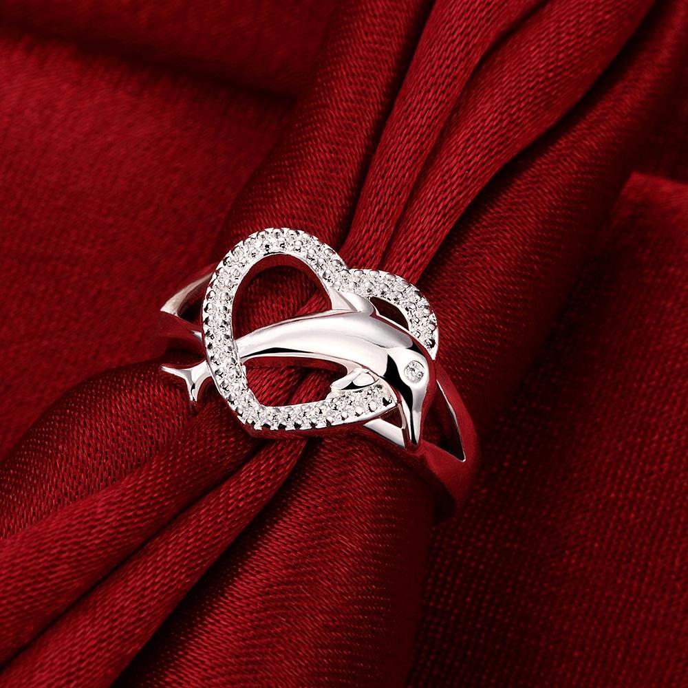 925 Sterling Silver Cute Dolphin Hollow Heart Ring