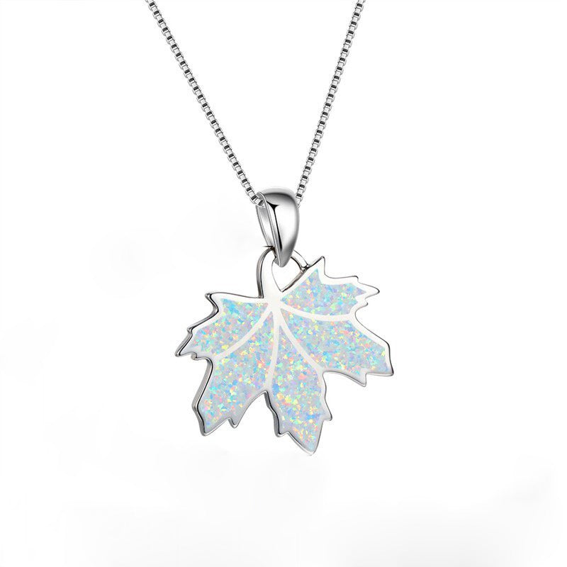 White Opal Maple Leaf Pendant Silver Nature Necklace