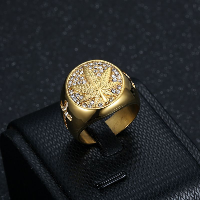 Round Cross Maple Leaf Gold Signet Ring