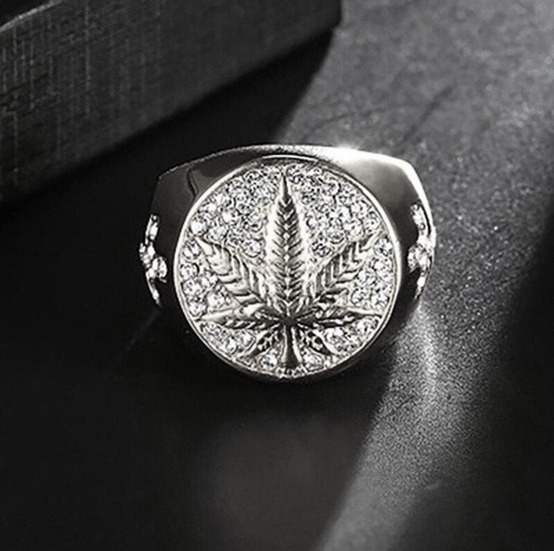 Round Cross Maple Leaf Silver Signet Ring