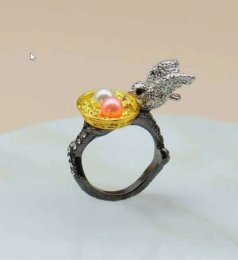 Bird Nest Faux Pearl Egg Crystal Pave Statement Ring Unique Gift