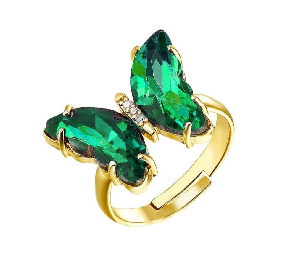 Sweet Emerald Green Crystal Butterfly Open Gold Ring