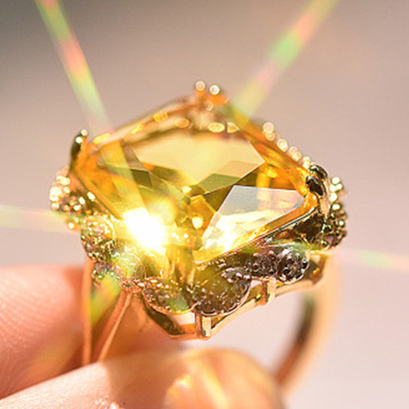 Huge Princess-Cut Yellow Gold Citrine Ring