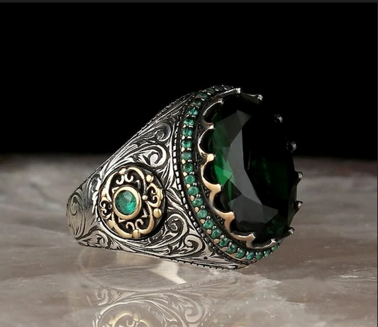 Men's Big Irregular Green Oval Rhinestone Retro Silver Ring