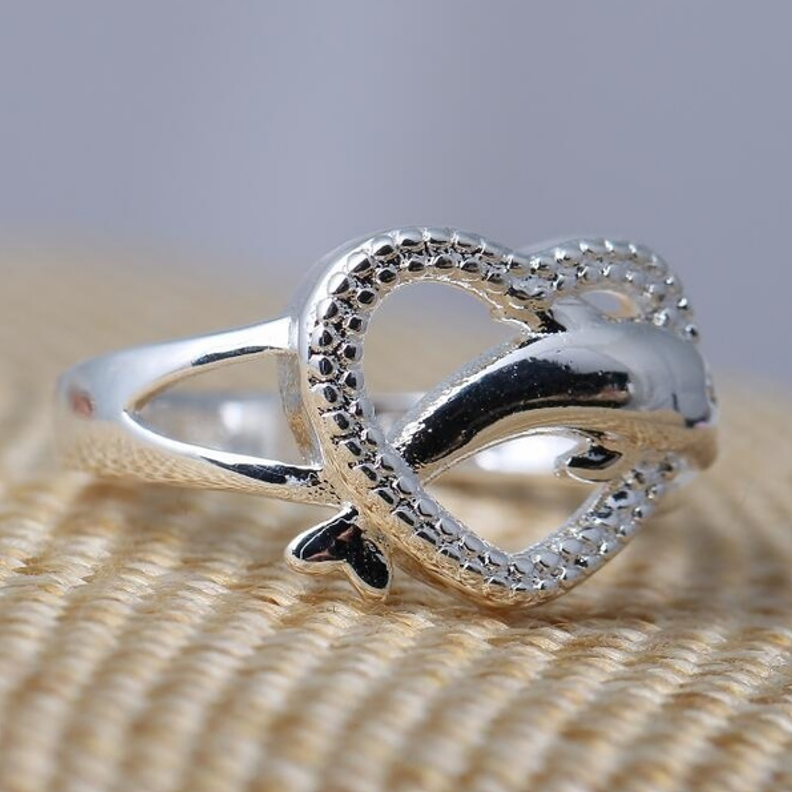 925 Sterling Silver Cute Dolphin Hollow Heart Ring